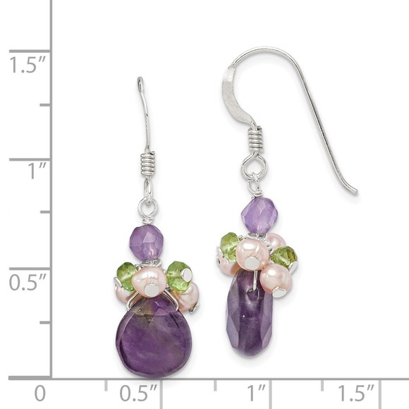 Sterling Silver Amethyst, Peridot & Peach FWC Pearl Dangle Drop Earrings - Picture 4 of 4
